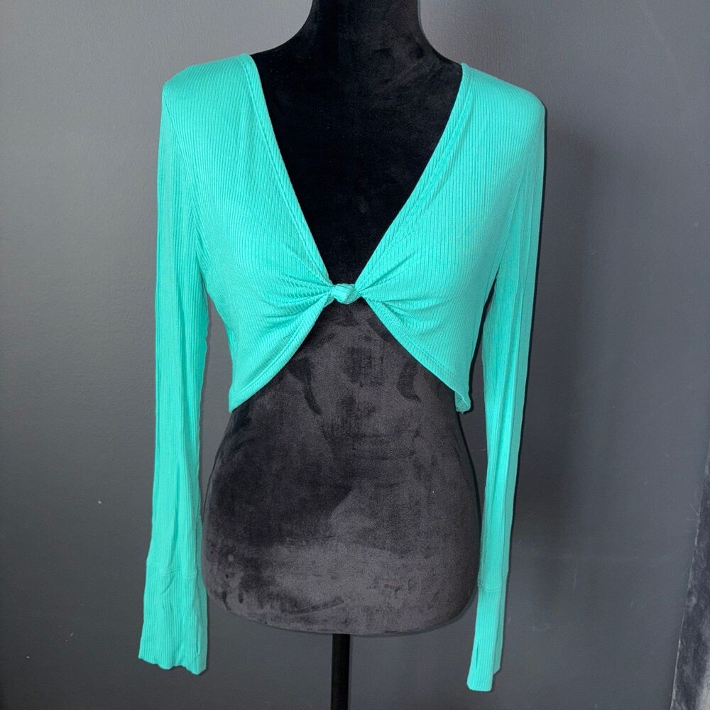 OFFLINE By Aerie Thumbs Up Bow Crop Top Women's Large Teal Blue Green Ribbed